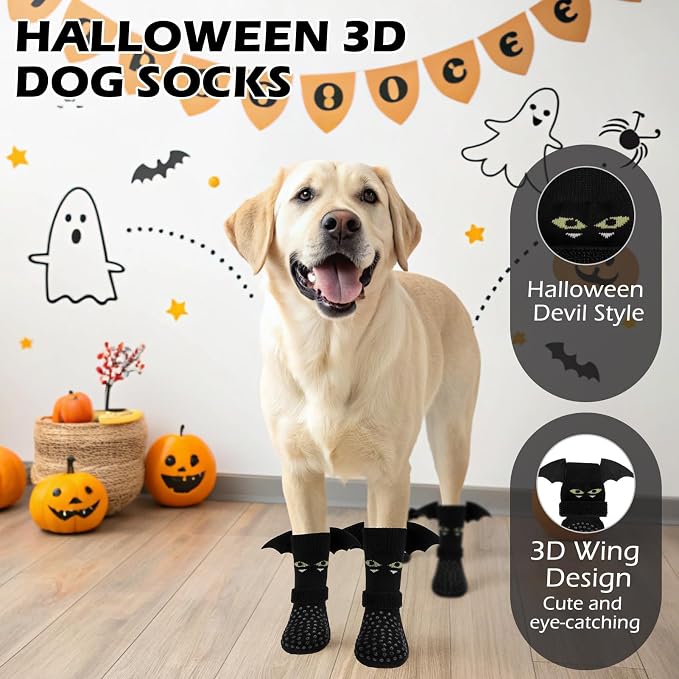 EXPAWLORER Halloween Anti Slip Dog Socks to Prevent Licking Paws, Boots & Paw Protectors with Grippers,Doggie Booties for Hardwood Floors for Small Medium Large Senior Dogs Costume Black Devil Wings S - Image 5