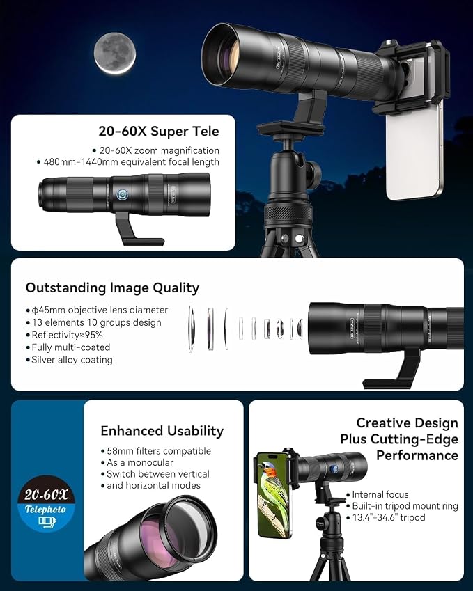 20-60X Zoom Telephoto Lens, Evil Eye High Power HD Telephoto Phone Lens with Tripod and Universal Phone Clip for iPhone 16/15/14/13 Series, Samsung, Android Phone and Most Smartphone - Image 6