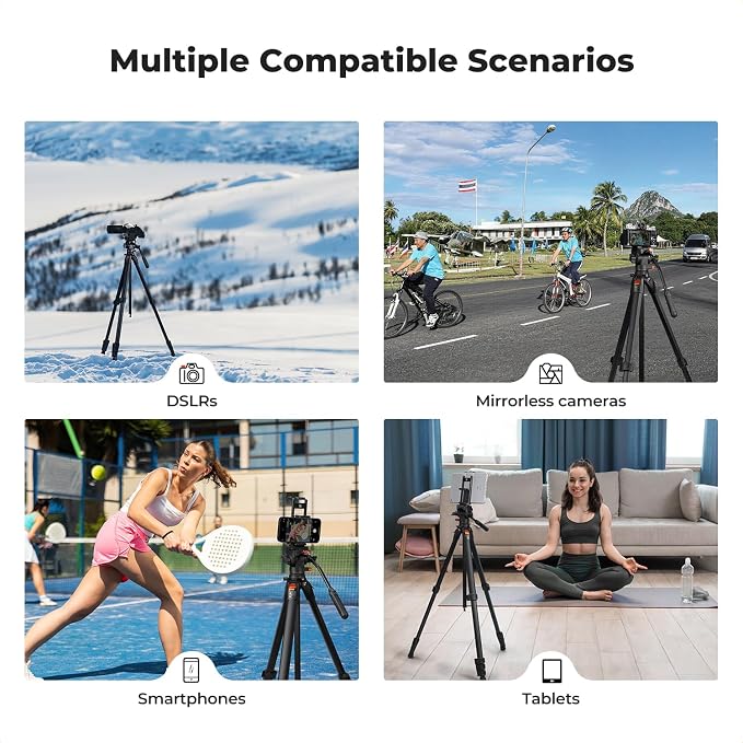 K&F CONCEPT 73" Camera Tripod with Fluid Head | Aluminum Travel Tripod, Smooth Pan/Tilt for DSLR/Mirrorless/Camcorder, Max Load 6.6lb, A305A3+FH-04 - Image 7
