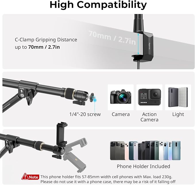 SMALLRIG Triangle Camera Desk Mount, Overhead Desk Clamp Phone Mount | with Auxiliary Support Rod, with Phone Holder & Ball Head for Camera/Phone/Light/Webcam, Max Load 6.6lbs - Image 6
