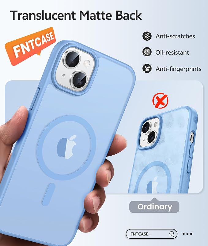 FNTCASE for iPhone 15/14 Plus Case, Fit for Magsafe, Screen Protector | Translucent Matte Magnetic Back, 14FT Military Grade Drop Protection, Shockproof Protective Phone Cover, Light Blue - Image 6