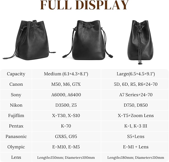 S-ZONESoft Leather Camera Insert Bag Drawstring Camera Pouch DSLR Lens Case | Top Grain Lambskin Leather, Drawstring Closure, Dust-proof, Scratch-resistant, Compatible with Canon Nikon Sony - Image 9