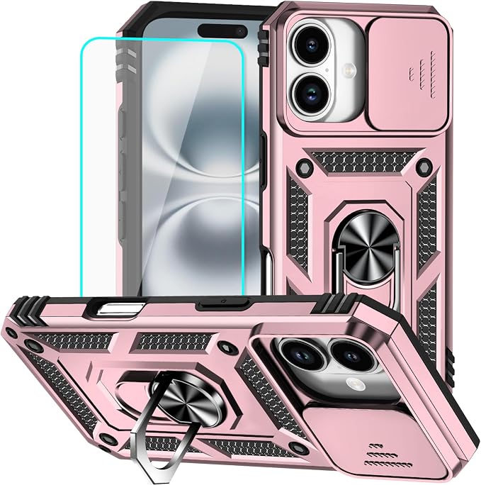 HNHYGETE for iPhone 16 Case with Screen Protector: [Military Grade 20ft. Drop Tested] Slide Camera Cover Ring Shockproof Protective Phone Case for - iPhone 16 (Rose Gold) by HNHYGETE