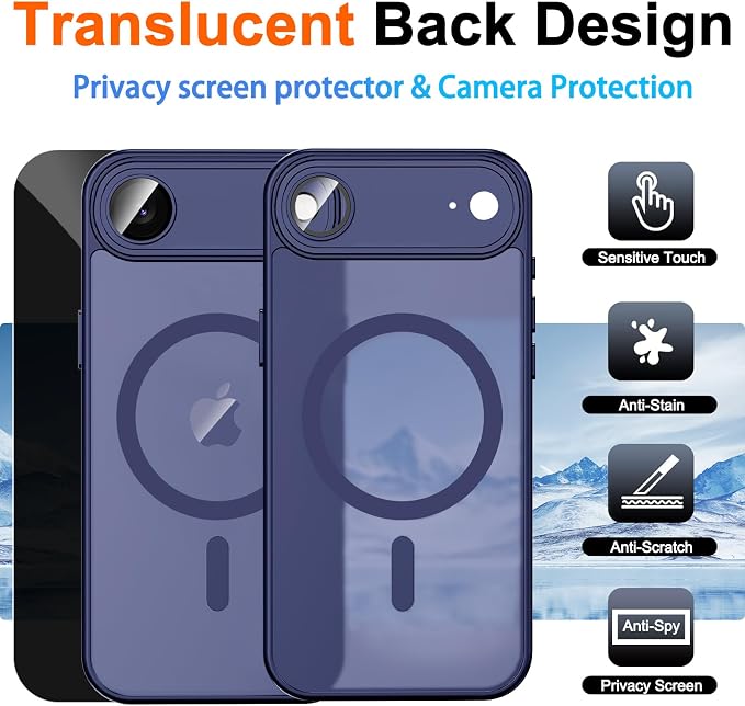 for iPhone Air Case with Privacy Screen Protector, Blue | Full Camera Protector, Magnetic, Compatible with MagSafe, Translucent Matte Shockproof Phone Cover for iPhone 17 Air Case - Image 2