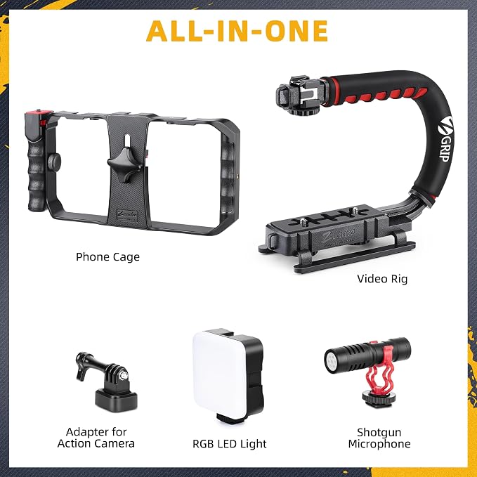 Zeadio Smartphone Camera Stabilizer, All-in-One Video Rig Kit with Phone Cage, RGB Video Light, Microphone, Action Camera Adapter, Compatible with Smartphones, Action Camera, DSLR, Cameras etc - Image 2