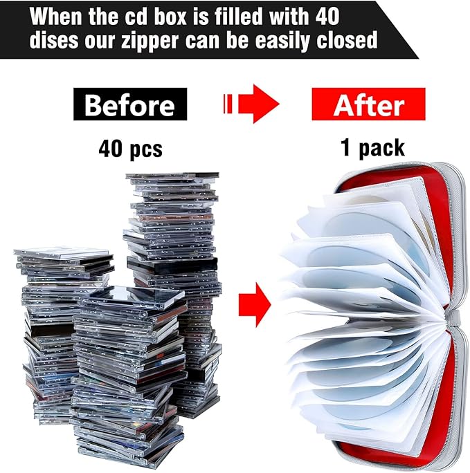 Siveit CD/DVD Cases 40 Capacity Disc Storage Binder for Car(Red) | Holders Wallet Hard Plastic CD/DVD Case for Car Home Office Travel - Image 4