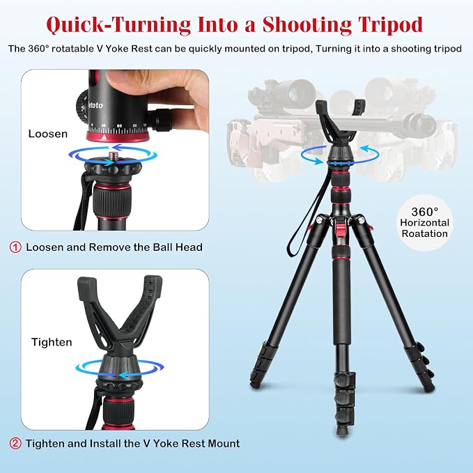 2 in 1 Camera Tripod & Hunting Stand Foldable, 68" Ball Head Tripod for Camera and Phone, Heavy Duty Tripod for DSLR Camera Lasers Binoculars Telescope Spotting Scope, Min Size 16.5" with Bag - Image 7