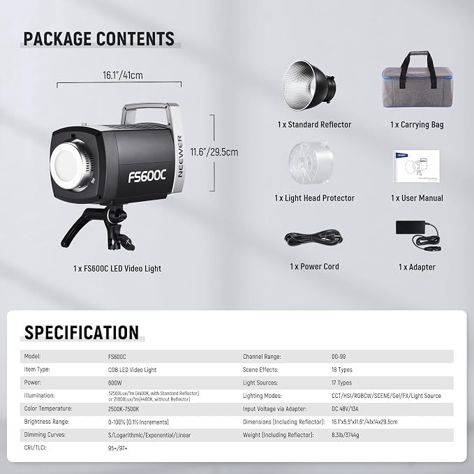 NEEWER Pro 600W RGB LED Video Light APP/2.4G/DMX Control, 2500-7500K 52500lx/1m COB Continuous Output Lighting, CRI95+/TLCI97+ Spotlight with Bag for Studio Photography Recording Streaming, FS600C - Image 3