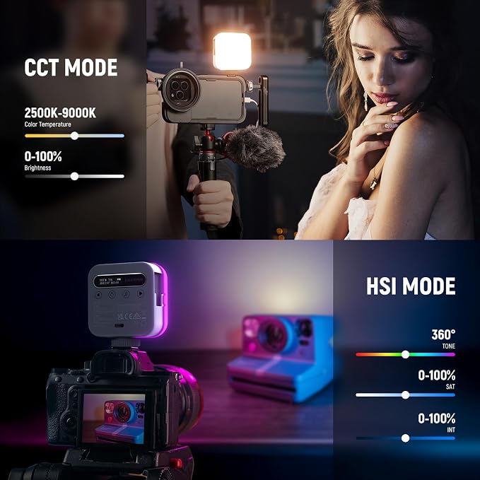 NEEWER Basics Magnetic RGB Video Light, 360° Full RGB Camera Light, BL60C | Mini LED, CRI96+ 2500-9000K 18 Scenes, 3 Cold Shoes, 1/4", 2000mAh Rechargeable, Portable, Selfie Tripod Photography Lighting - Image 5