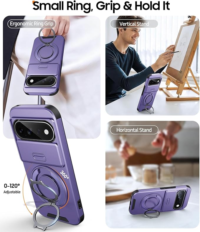JAME for Google Pixel 10 Pro XL/11 Pro XL Case, Stand & Slide Camera Cover | Ring Holder Kickstand, Screen Protectors, Dual-Layer Shockproof Protective, Magnetic Accessory Friendly Phone Case, Purple - Image 3