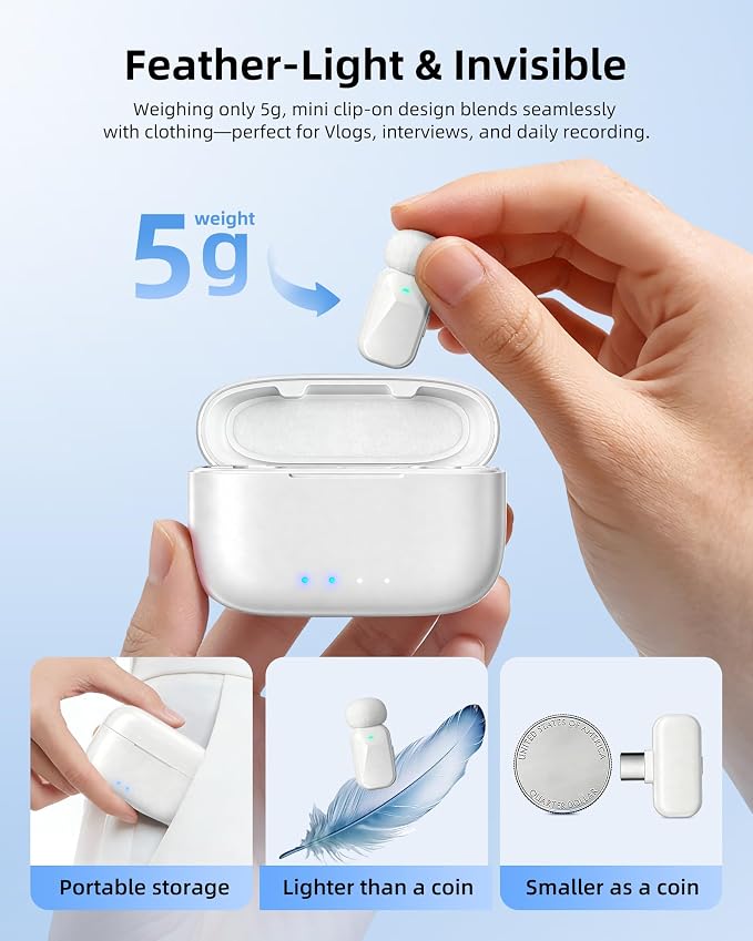 mini 2 Wireless Lavalier Microphones for iPhone 16/17 & Android, AI Noise Cancellation, App Control, 30H Battery with Charging Case, Lapel Microphone Wireless for Video Recording White - Image 2