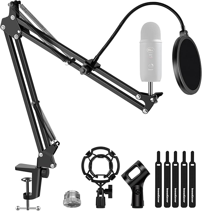 InnoGear Microphone Stand Mic Boom Arm for Blue Yeti HyperX QuadCast S SoloCast Snowball Fifine K669B and other Mic, with Shock Mount Windscreen Pop Filter Mic Clip Holder Cable Ties, Medium | Pop Fiilter and Shock Mount Included, for Desk Thickness Wi... by InnoGear