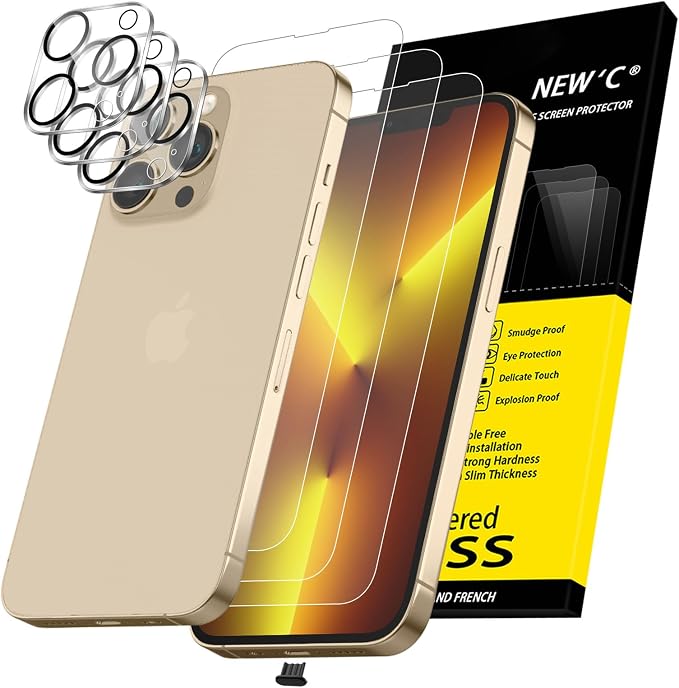 NEW'C 3x for iPhone 13 Pro Max Screen Protector (6.7 inches)+ 3x Camera Lens Protector, Sensor Protection + Dust Plug - Case Friendly Tempered Glass Film, Ultra Resistant by NEWC