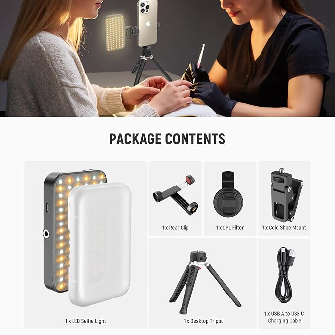 LED Selfie & Tattoo Light with 52MM CPL Filter Lens 360° Rotatable Clip Tattoo Equipment/Tripod Stand/Phone Holder,Fill Lighting Remove Reflection for Art Food Jewelry Photography Video Recording - Image 5