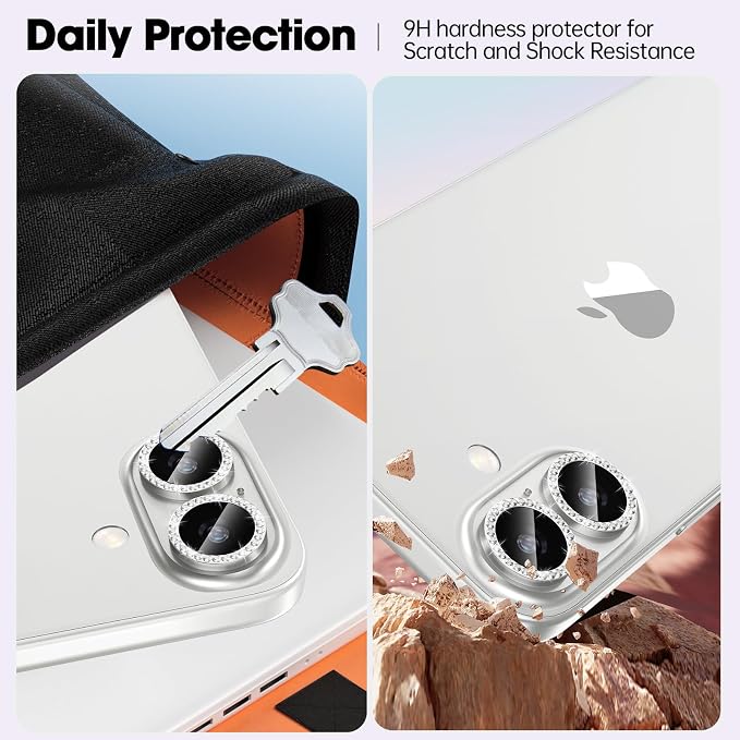 for iPhone 16/16 Plus Camera Lens Protector Bling Diamond, Silver | Individual Metal, 9H Hardness, Scratch Resistant, Shockproof, Drop Protection, Case Friendly, Stylish Accessories - Image 3