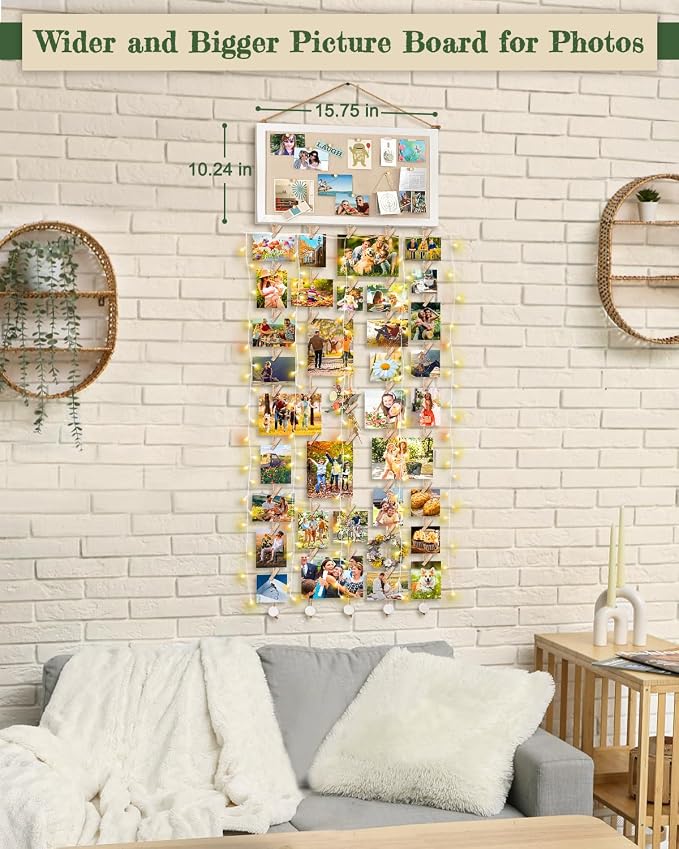 Bikoney Large Collage Picture Frame with Bulletin Board Photo Display | Wall Polaroid Display with 30 Clips & 6 Pushpins, No-Drill Wood Board for Dorm Room Decor & Graduation Gift - Image 3