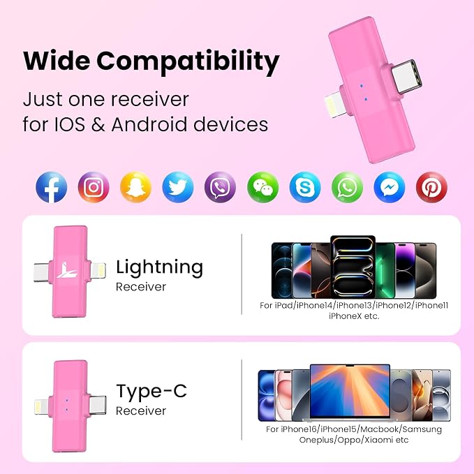 Pink Wireless Lavalier Microphone for iPhone, Noise Cancelling | Crystal clear audio with noise reduction, plug and play with Lightning connector, perfect for TikTok and vlog - Image 5