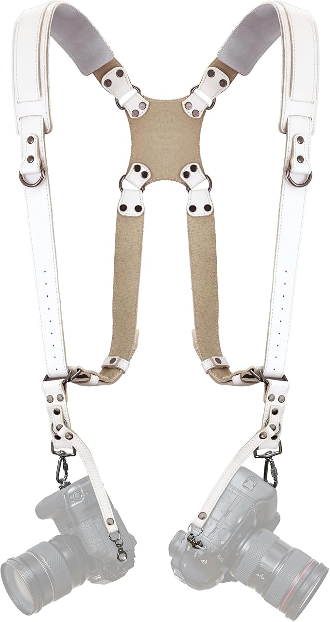Padwa Lifestyle White Dual Camera Harness for Two Cameras - Wide Strap with Thick Shoulder Padded,Full Grain Leather Double Harness,Multi Camera Gear for DSLR Strap for Photographers by PadwaLifestyleCameraStrap