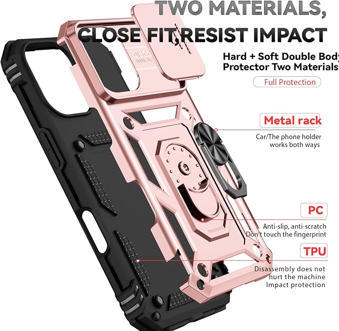 SunStory Phone Case for iPhone 17 Case with HD Screen Protector & Slide Camera Cover & Rotated Ring Kickstand, [Military-Grade] Phone Case for iPhone 17, Rose Gold - Image 8
