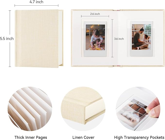 Instax Mini Photo Album with Writing Space, Linen Cover, Beige | Compatible with 2x3 inch & Polaroid Pictures, 28 Recessed Clear Pockets, Wedding Guest Book and Family Memories - Image 2