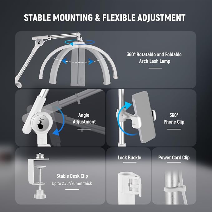 NEEWER Basics 22" Half Moon Lash Light with Articulating Desk Clamp Mount Stand/Phone Holder, 32W Foldable LED Nail Tech Table Arc Lamp for Makeup Beauty Tattoo Overhead Video Recording, HM03-D - Image 6