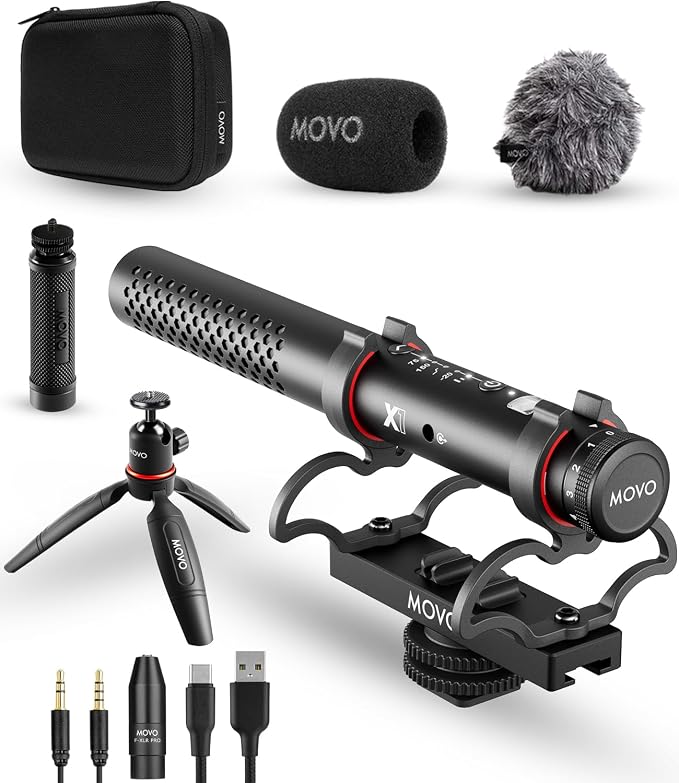 Movo X1 Supercardioid Shotgun Microphone - 3.5mm/XLR/USB-C Camera Mic for DSLR, Smartphones, and Computers - Professional Boom Microphone with Advanced Audio Controls, Tripod, and Accessories by Movo