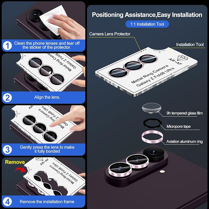 for Samsung Galaxy Z Fold 8 Ultra Camera Lens Protector, Individual Metal Ring Tempered Glass Lens Cover, [Strong Adsorption] Scratch Resistant Ultra-Thin HD Clear Lens Cover, 1 Set-Pink Ring - Image 7