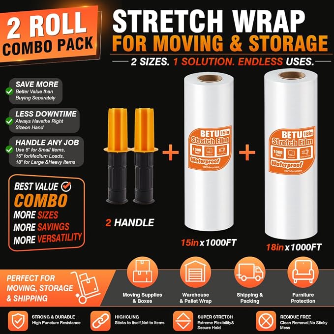 Stretch Film Shrink Wrap Large Furniture Kit (15"+18") x 1000 Ft for Moving Supplies, Heavy Duty Plastic Wrap Stretch Roll for Moving Boxes Pallet Wrapping Shipping Storage with Handles, Clear - Image 3
