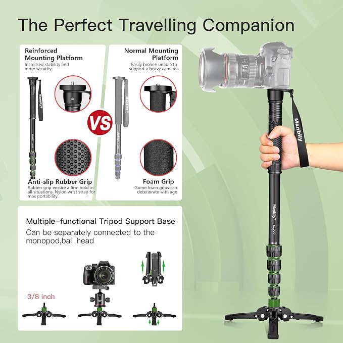 Camera Monopod with Feet, Aluminum Portable Travel Monopod with Removable Tripod Stand Base for DSLR Canon Nikon Sony Video Camcorder (Green) - Image 2
