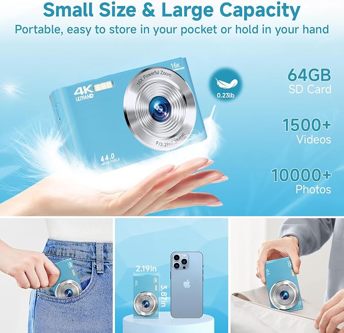 SMARTKLIK Digital Camera for Teens, FHD 4K 44MP with 64GB SD Card, 16X Digital Zoom, Compact Point Shoot Camera Blue - Image 5
