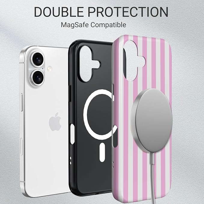 TPU Phone Case for iPhone 16, MagSafe Wireless Charging Compatible, Shockproof Slim Fit Protective Cover with Anti-Yellowing & Raised Camera Protection (Pink Stripe, iPhone 16) - Image 6