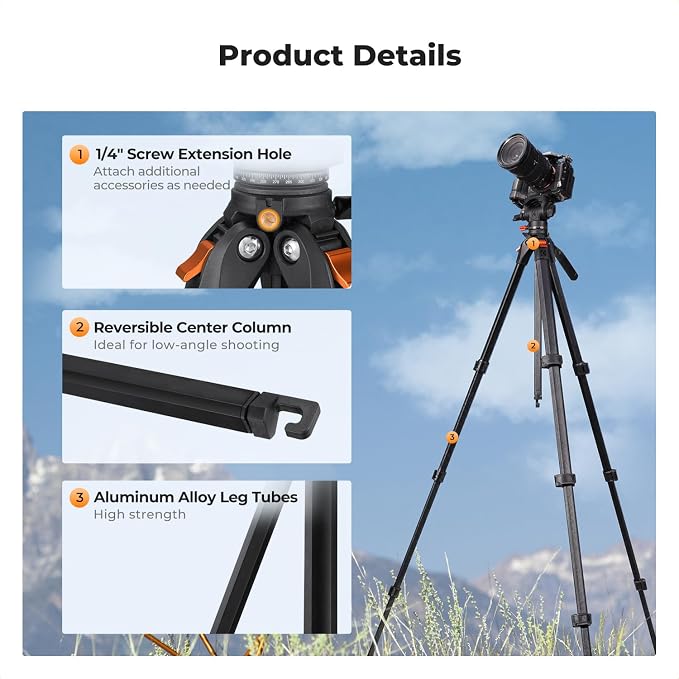 K&F CONCEPT 73" Camera Tripod with Fluid Head | Aluminum Travel Tripod, Smooth Pan/Tilt for DSLR/Mirrorless/Camcorder, Max Load 6.6lb, A305A3+FH-04 - Image 5