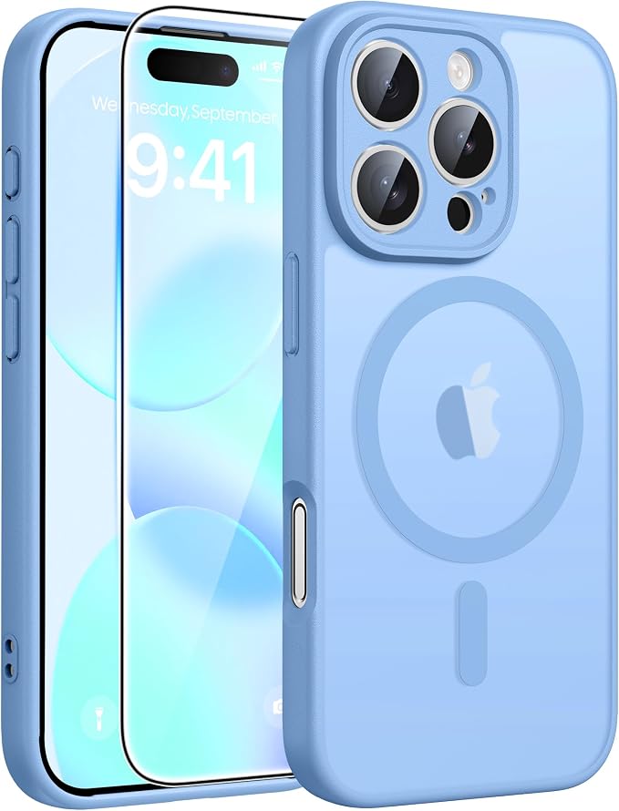 FNTCASE for iPhone 16 Pro Max Case, Fit for Magsafe, Glass Screen Protector | Full Camera Protection, Translucent Matte, 14FT Military Grade Drop Proof, Shockproof Protective Phone Cover, Light Blue by FNTCASE