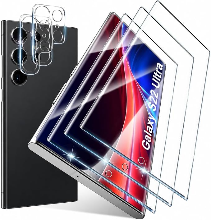 3+2 Pack S22 Ultra Screen Protector for Samsung Galaxy S22 Ultra | 9H Tempered Glass, Ultrasonic Fingerprint Compatible, 3D Curved, Case Friendly, HD Clear, 2 Camera Lens Protectors by JavoYion