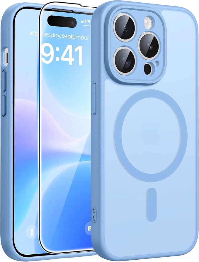 FNTCASE for iPhone 14 Pro Case, Compatible with Magsafe, Screen Protector | Full Camera Protection, Translucent Matte, 14FT Military Grade Drop Proof, Shockproof Protective Phone Cover, Light Blue by FNTCASE