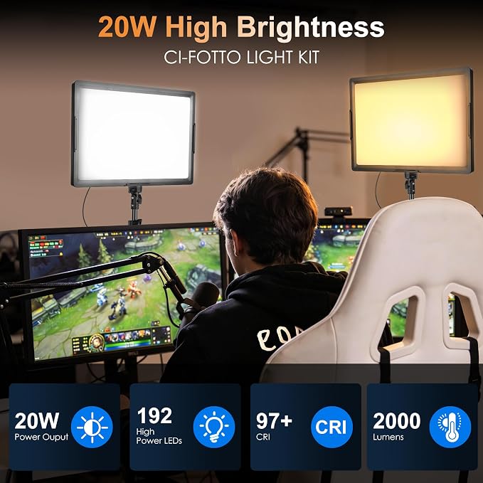 20W LED Photo Video Light 2-Pack, Bi-Color Dimmable Camera Lights | Photography Lighting Kit 2800-6500K CRI 97+ 2000LM for Studios, YouTube TikTok Video Recording, Game Streaming - Image 2
