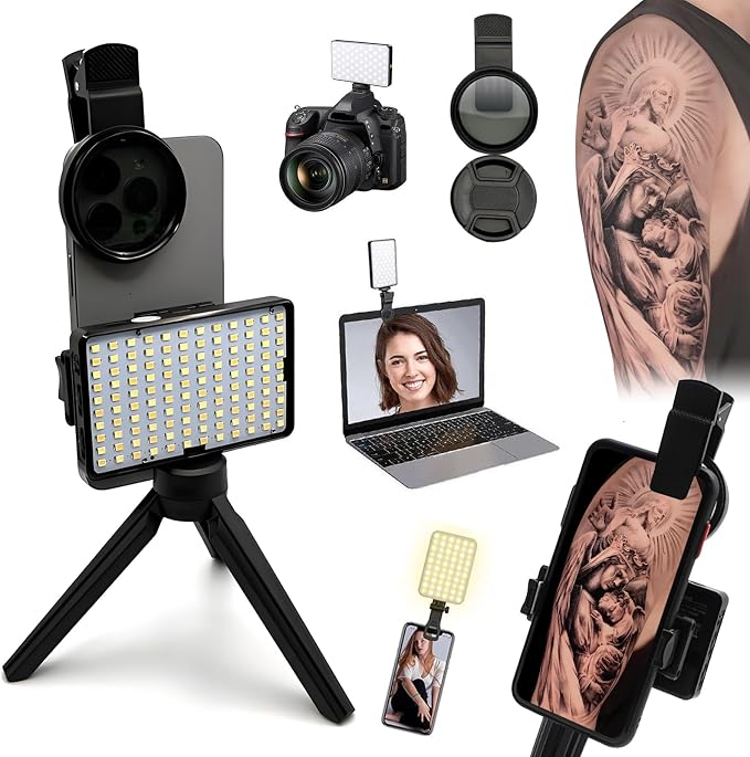 120 LED Tattoo Light with CPL Filter | Clip-On Phone Camera Light for Tattoo Photography and Video, Adjustable LED Lighting for Artists, iPhone and Mobile Devices by combofixSupply