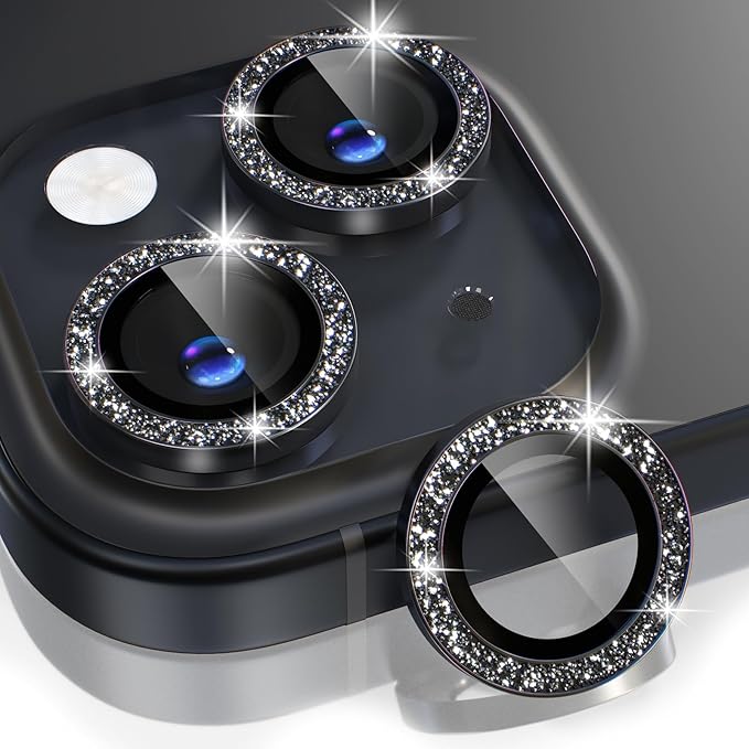 Choiche for iPhone 15/15 Plus Camera Lens Protector Bling, Glitter-Black | Ultra HD, 9H Tempered Glass Camera Cover Screen Protector Metal Individual Ring Decoration Accessories, 2-Lens, 6.1/6.7-inch by Choiche