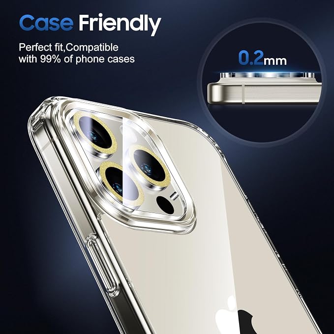 UniqueMe for iPhone 15 Pro/15 Pro Max Camera Lens Protector Bling Golden | 3 Pack-Drop Protection, Case Friendly, 9H Tempered Glass, Camera Cover Screen, Update New Version - Image 6