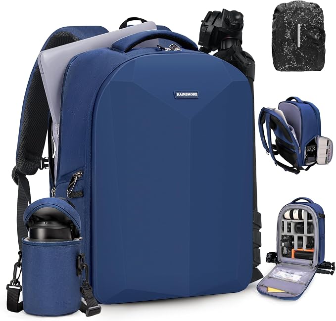 RAINSMORE Camera Backpack Hard Shell for DSLR/SLR Waterproof Camera Bag with Laptop Compartment 15.6 Inch Professional Camera Case with Rain Cover Photography Backpack Bag with Camera Lens Case Blue by RAINSMORE
