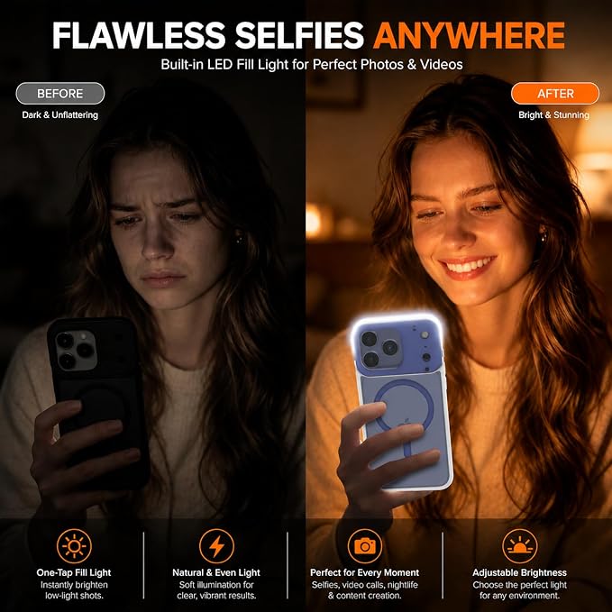 tesha Selfie Light Case for iPhone 17 Pro Max, MagSafe, Camera Detector | 2-Level LED Brightness, IR Hidden Camera Scanner, Drop Protection, Rechargeable Light Up Cover, No APP Needed for Video Vlog - Image 2
