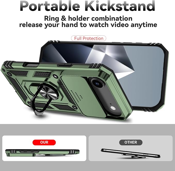 SunStory Phone Case for iPhone Air Case with HD Screen Protector & Slide Camera Cover & Rotated Ring Kickstand, [Military-Grade] Phone Case for iPhone 17 Air, Army Green - Image 2