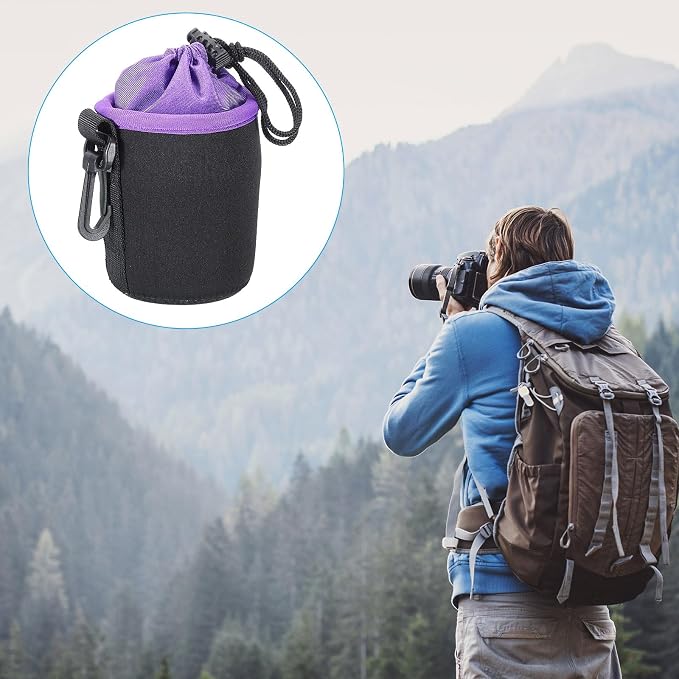 PATIKIL Camera Lens Bag, 2 Pcs 3" ID x 3.9" H Cylindrical Drawstring Lens Pouch with Thick Protective Neoprene, Lens Case for DSLR Camera Lens, Water Coffee Cups Black, Purple - Image 7