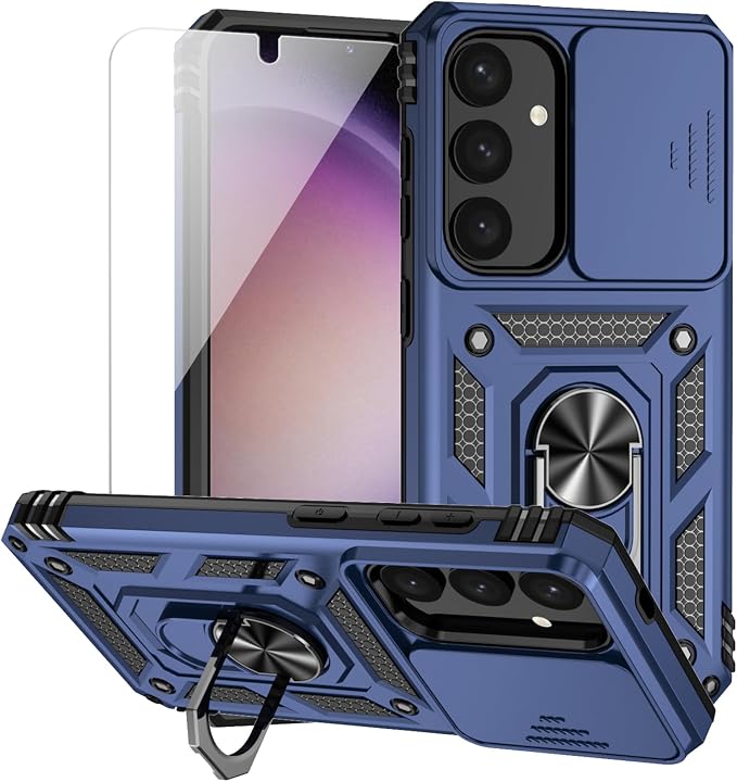 for Samsung Galaxy S24 Plus Case with Camera Lens Cover HD Screen Protector, Military-Grade Drop Tested Magnetic Ring Holder Kickstand Protective Phone Case for Samsung Galaxy S24 Plus (Navy Blue) by M+MAIKEZI