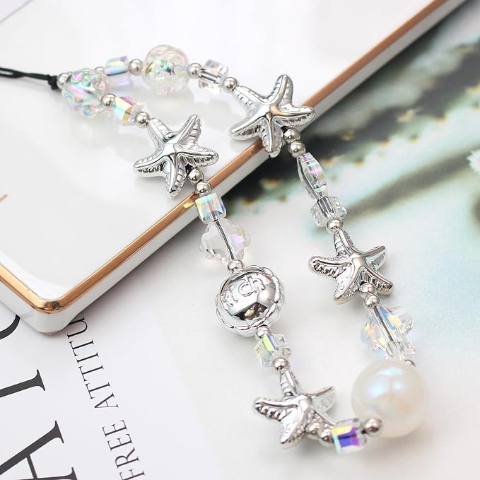 Beaded Camera Wrist Strap,Cute Phone Charm Decor,Pearl Bracelet Wrist Strap | Phone Keychain Decoration for Wallet,Durable Nylon Rope Lanyard,Compatible with all Phone Case,Silver Star - Image 5