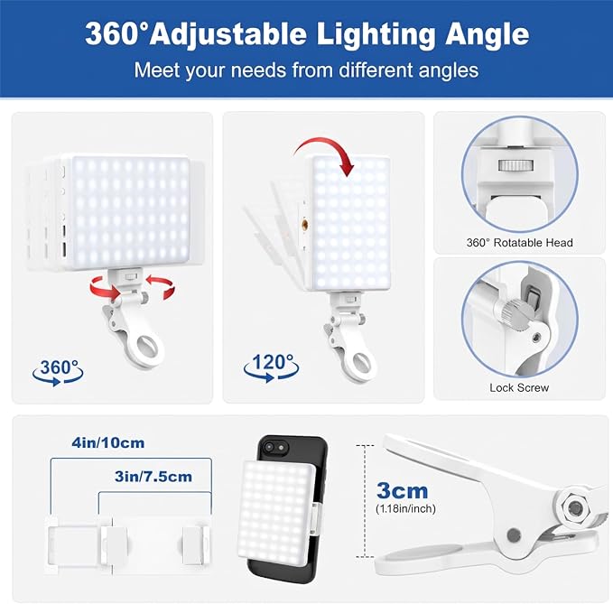 Selfie Light, Phone Light with Front & Back Clip, 60 LED Portable Light with 3 Modes, 5000mAh Rechargeable Video Light for Phone, iPhone, IPad, Laptop, TikTok, Makeup, Lighting Monolights(White) - Image 7