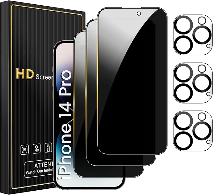 Romkasi 3 Pack Privacy Screen Protector for iPhone 14 Pro 6.1 Inch with 3 Pack Camera Lens Protector, Anti Spy Tempered Glass Film, Anti-Scratch, Touch Sensitive, Case Friendly by Unknown