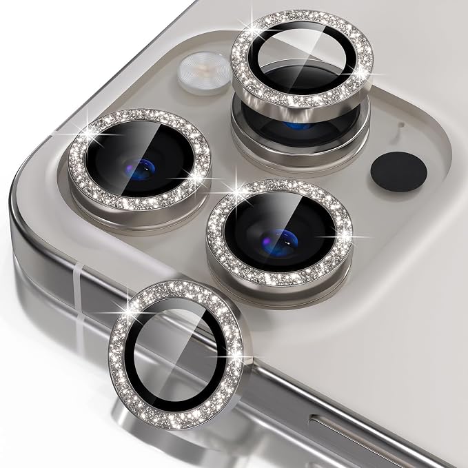 Misea Compatible for iPhone 16 Pro/iPhone 16 Pro Max Camera Lens Protector | 9H Tempered Glass Ultra HD Bling Camera Screen Protector Cover Metal Individual Ring Accessories, Natural Titanium Glitter by Misea
