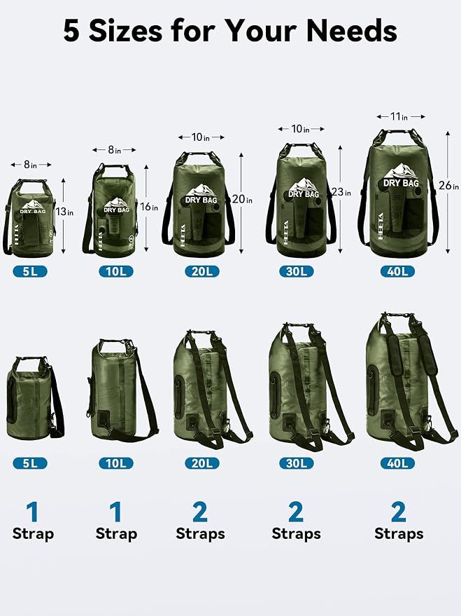 HEETA Dry Bag Waterproof Backpack with Phone Case 5L/10L/20L/30L/40L | Roll Top Lightweight Dry Storage Bag for Women Men, Travel Boating Kayaking Paddle Board Camping Beach Essentials Accessories - Image 2