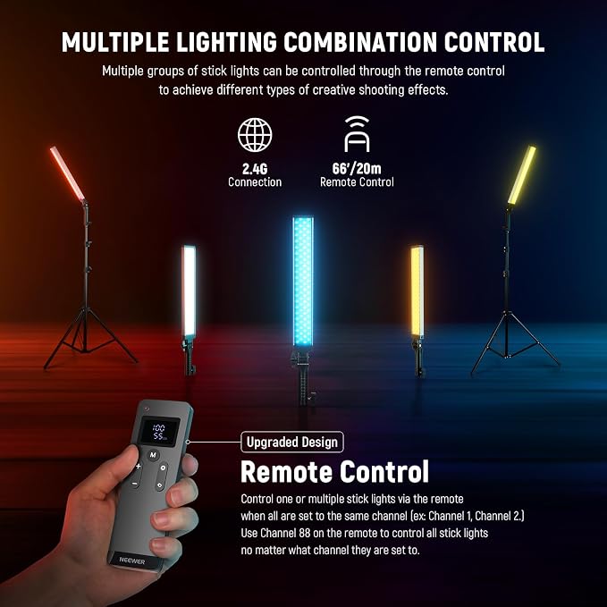 NEEWER Upgraded LED Video Light Stick & 2.4G Remote Kit, 2 Pack Handheld Dimmable 3200K~5600K CRI97+ Video Lighting with Stands/Filters/Bag for YouTube Video Recording Photography Gaming, BH20B Silver - Image 4
